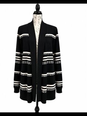 Sienna & Sage Black & Ivory Striped Open Front Cardigan – Women's XL